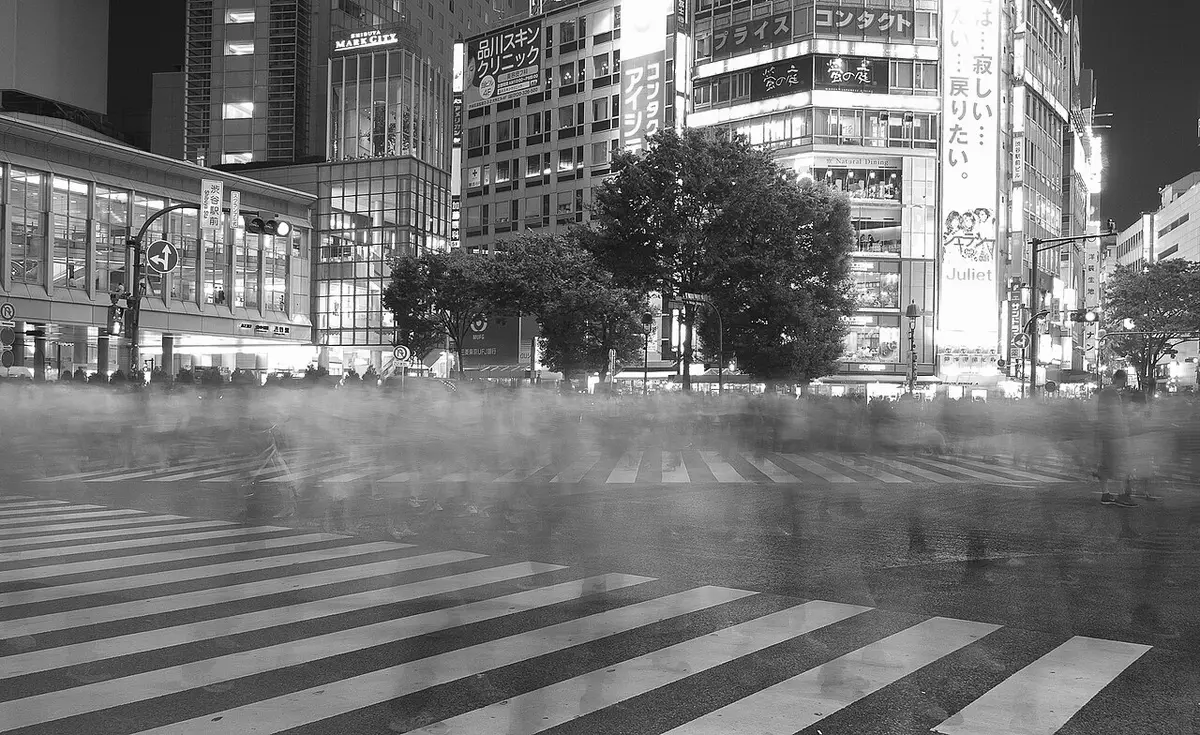 Shibuya crossing at night, long exposure